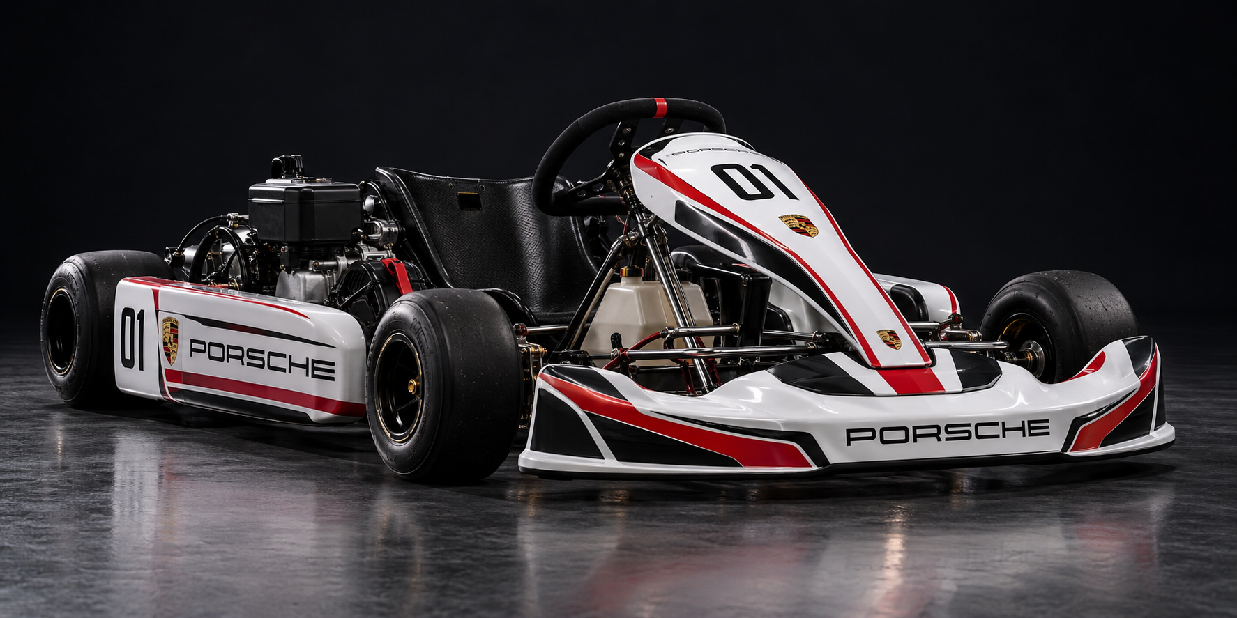 Kart com adesivos Porsche em branco, preto e vermelho